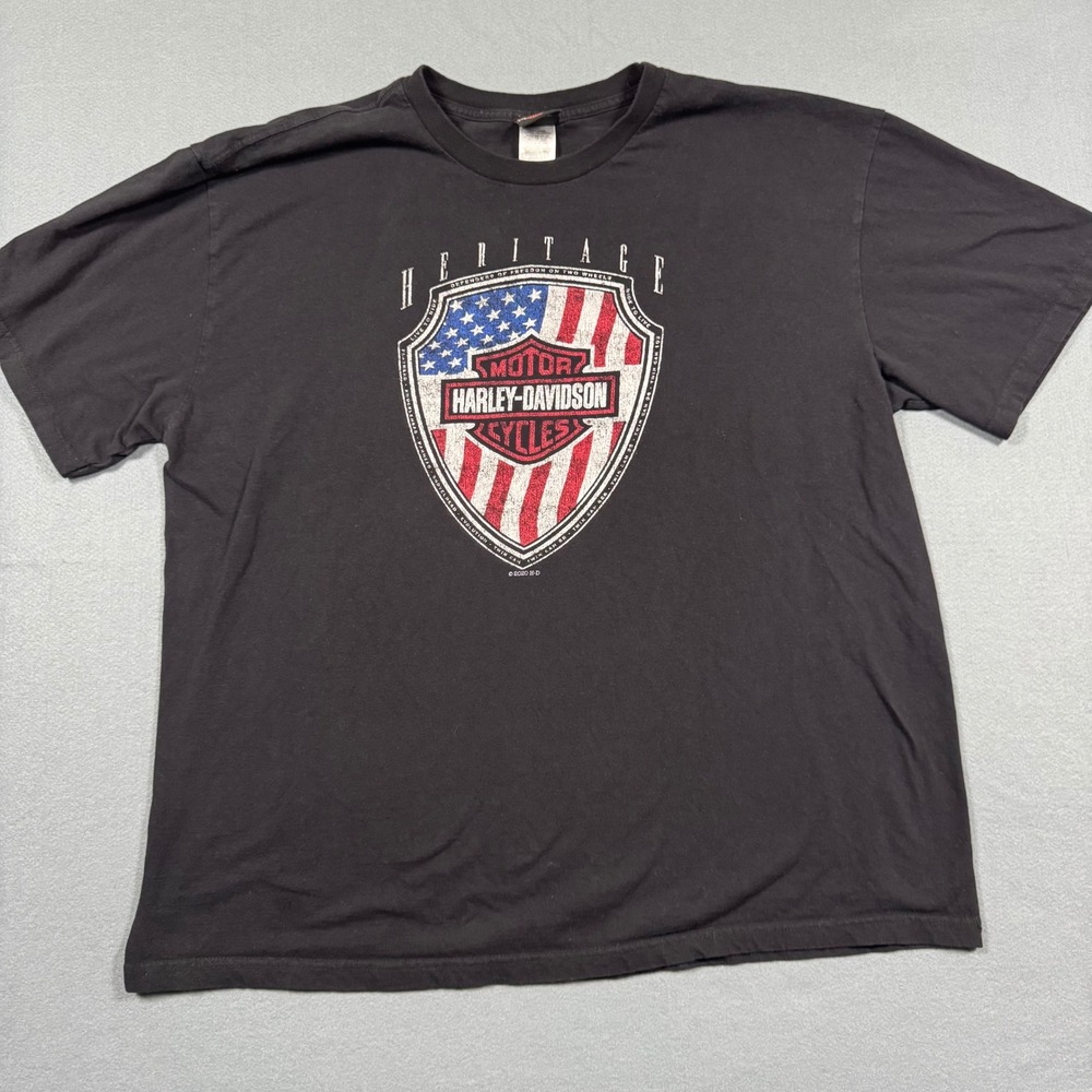 Harley-Davidson Heritage Mens 3XL Black T-Shirt Patriotic American Flag Shield